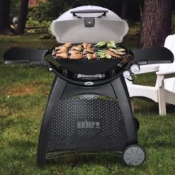 Weber Q-3200 Portable Natural Gas Grill, With Cart & Side Tables, 21,000 BTUs, Titanium